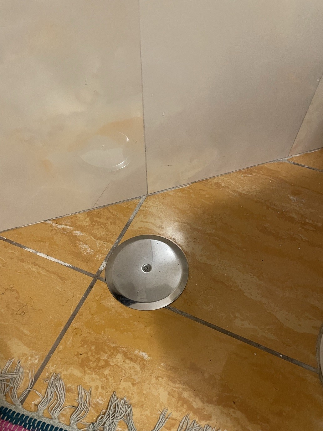 Pavimento di un bagno con un disco metallico argentato per terra.